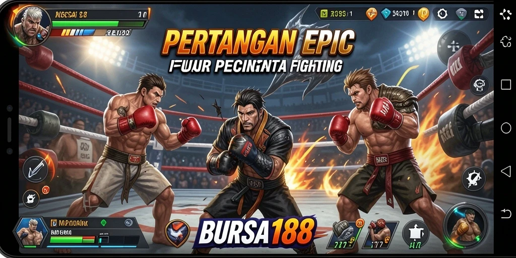Screenshot BURSA188 menampilkan pertarungan intens dan karakter yang kuat.
