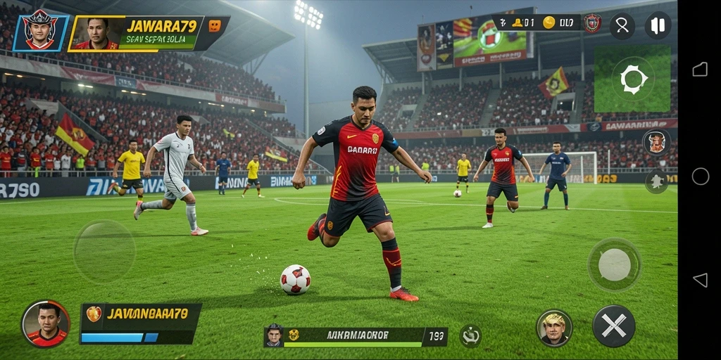 Tampilan gameplay seru dari JAWARA79 yang penuh aksi sepak bola.
