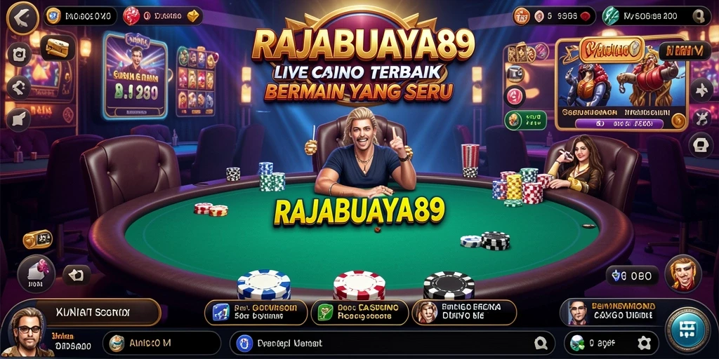 Screenshot gameplay RAJABUAYA89 menunjukkan dealer langsung yang profesional dan suasana kasino yang hidup.